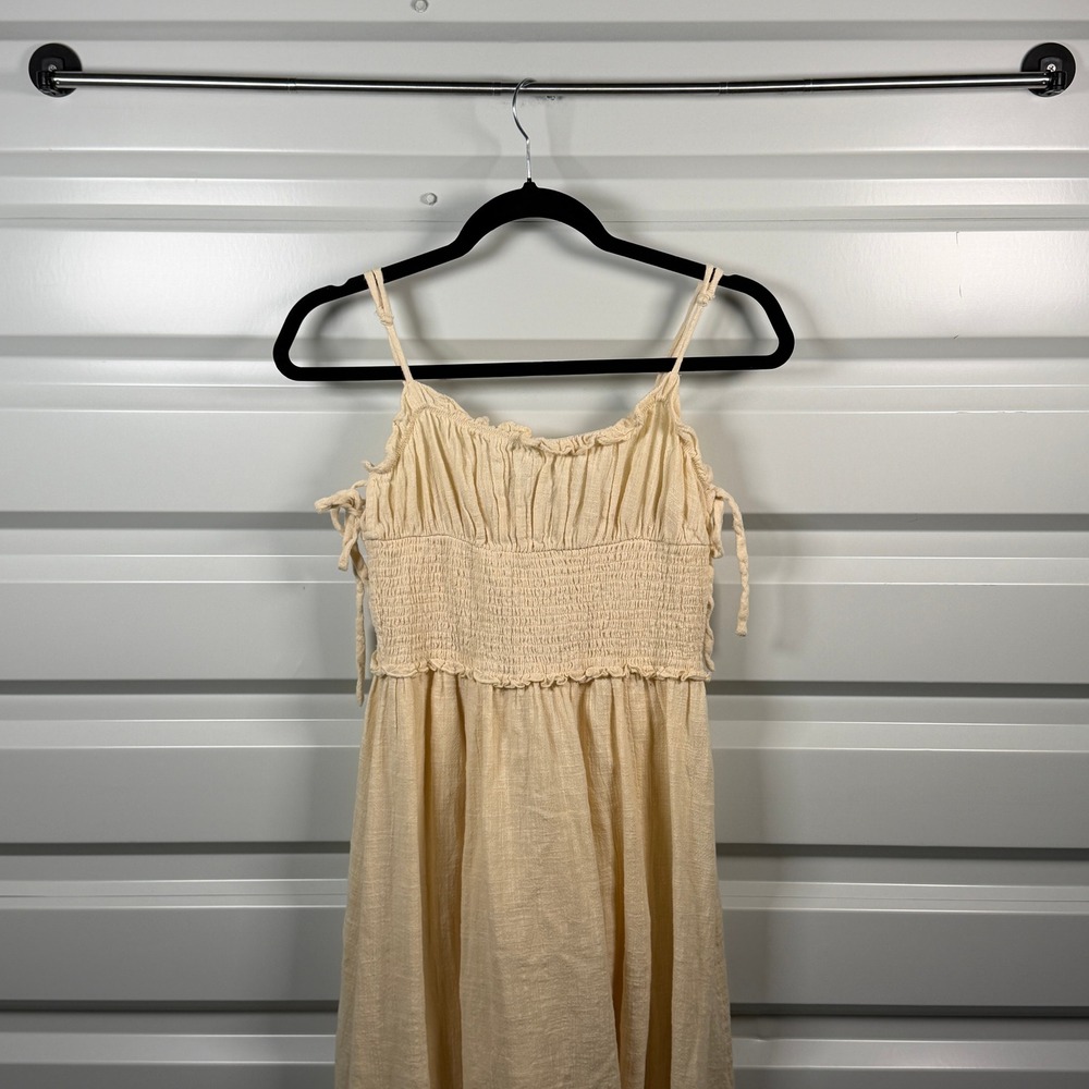 Urban Outfitters Cream Smocked Midi‎ Dress Womens Small Gauze Side Tie Ruffle